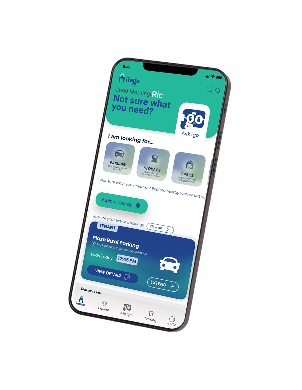 iTago mobile app shown in a side-view phone mockup